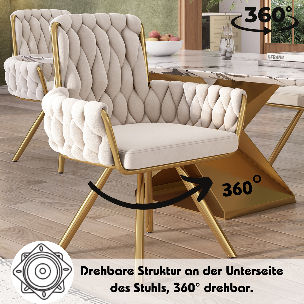 Set of 2 Velvet Swivel Dining Chairs ¨C Beige Armchairs with Metal Legs, Luxury Living & Bedroom Chairs