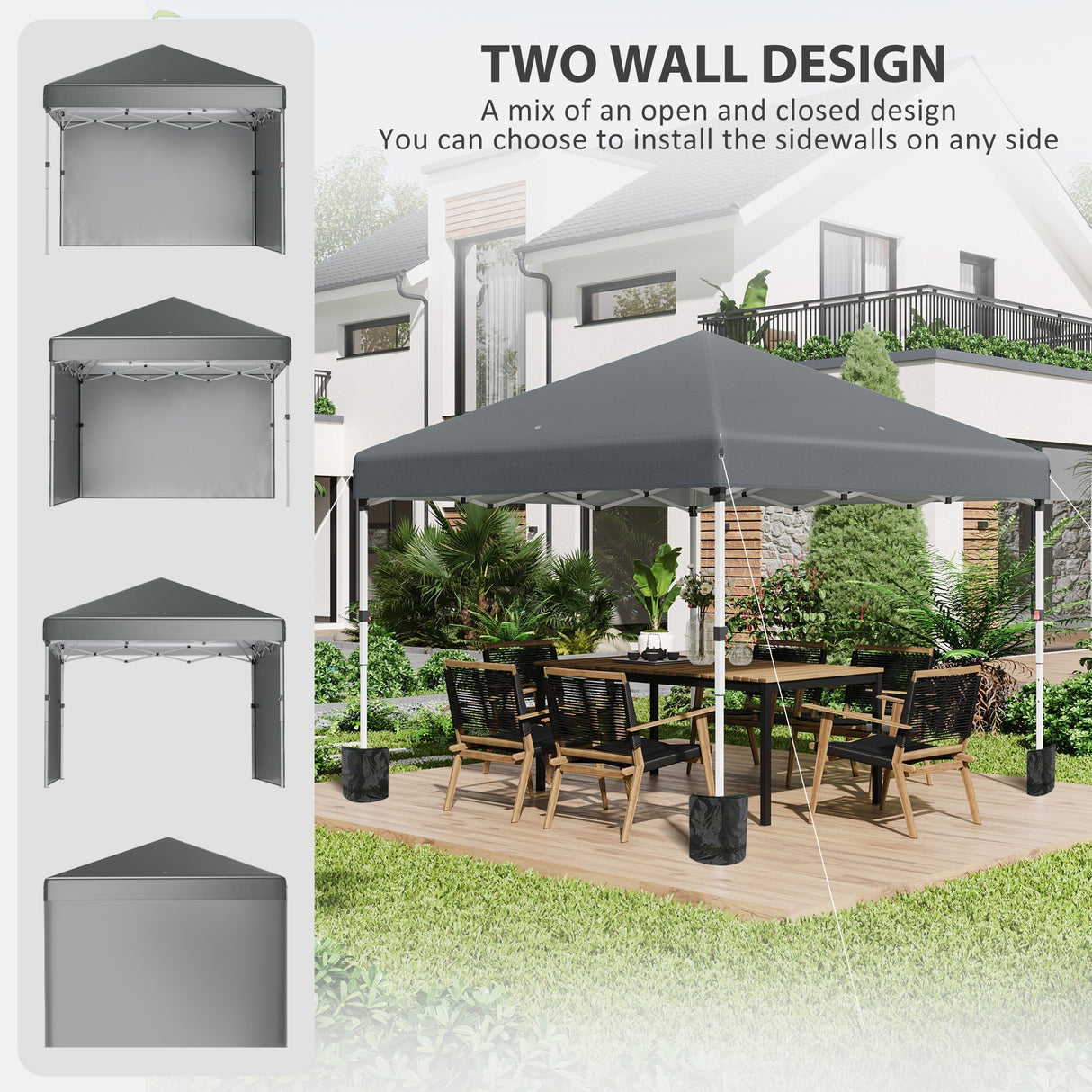 Pop Up Gazebo 3 x 3 (M), UPF 30+, 2 Sidewalls, Leg Weight Bags, Wheeled Bag, Height Adjustable, Dark Grey