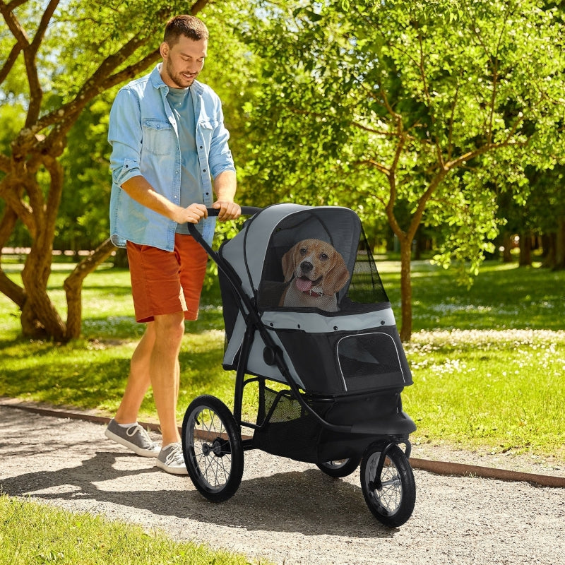 Pet Stroller Jogger, Foldable with Adjustable Canopy, 3 Big Wheels, Grey