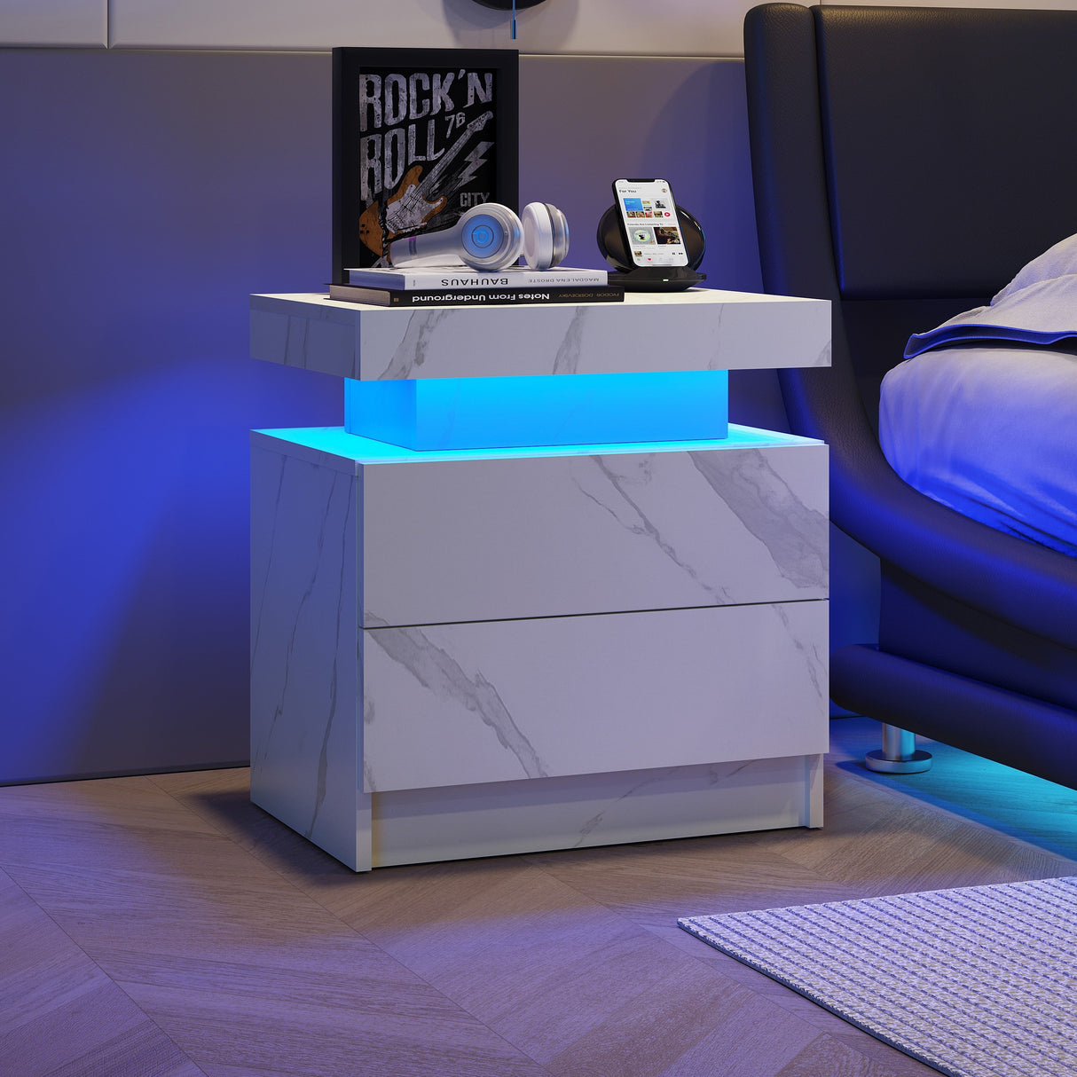 Nightstand LED Bedside Table with 2 Drawers, White Stone