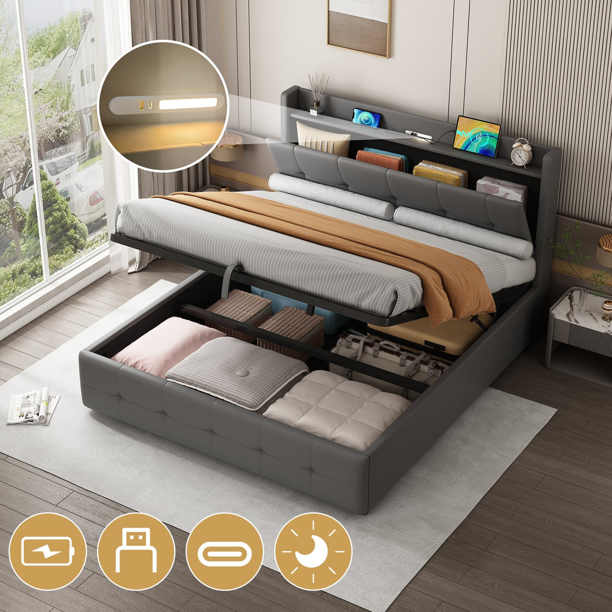 4ft6 Double Upholstered Bed Frame with Hydraulic Storage, Charging Station and LED Night Light, Grey