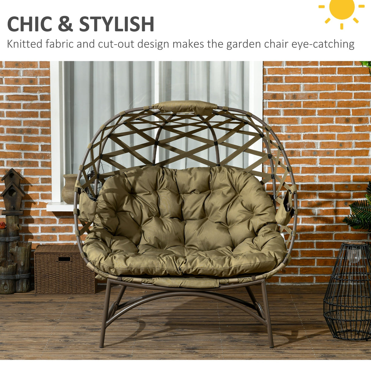 2 Seater Egg Chair Outdoor, Folding Weave Garden Furniture with Cushion, Khaki