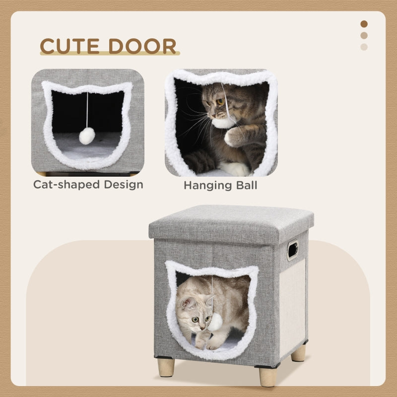Cat House Cave Bed, Cube with Scratching Pad & Washable Cushion, Grey