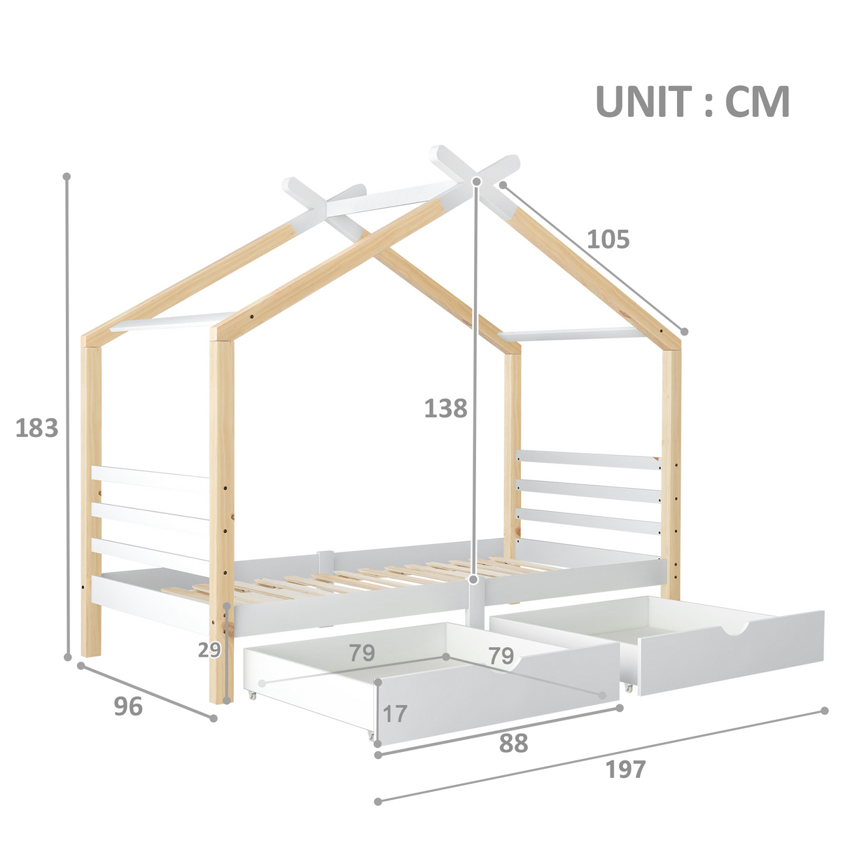 Kids Single Bed Frame with Under-Bed Storage, 3FT, Solid Pine Wood