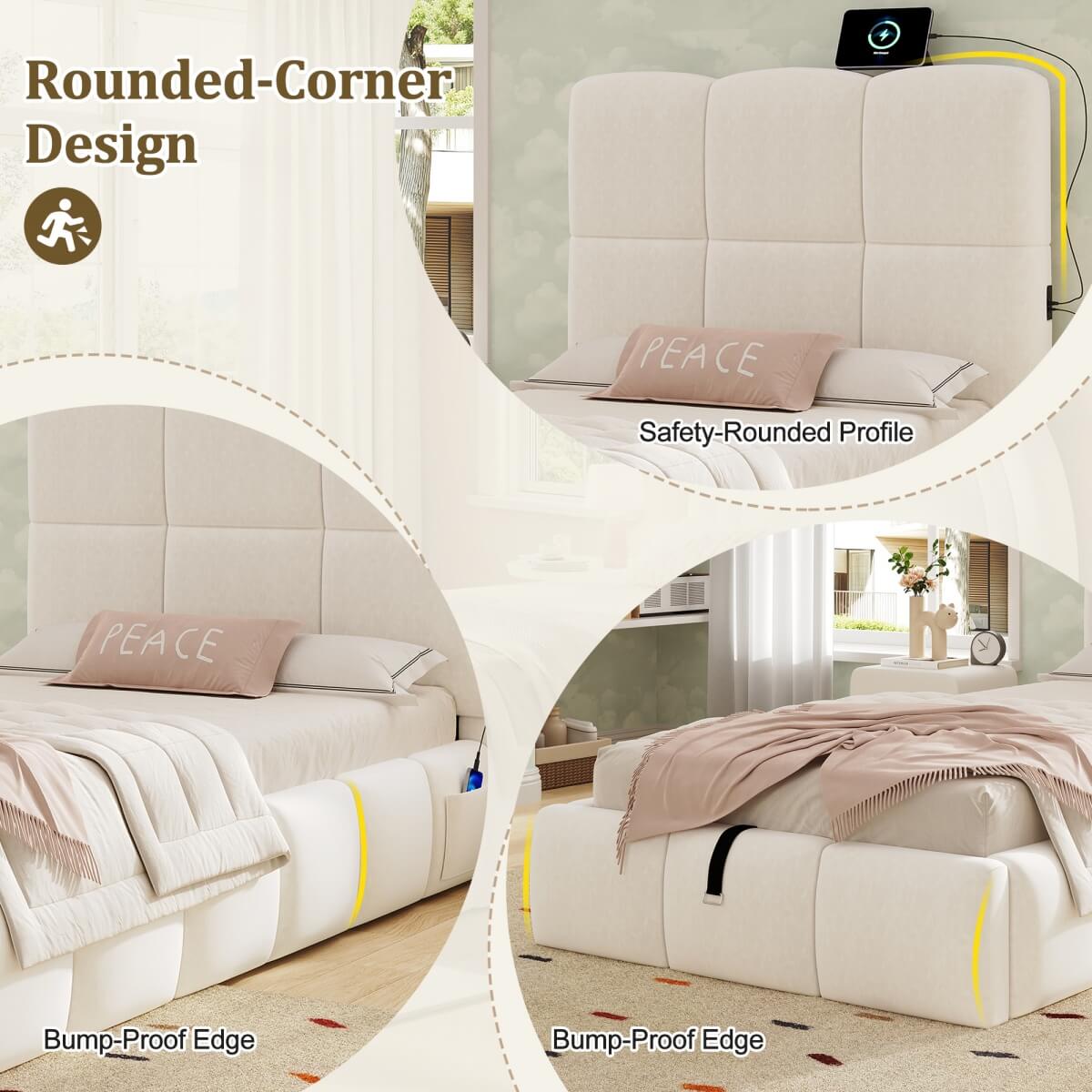 3ft Velvet Upholstered Storage Bed - Single Hydraulic Bed with Headboard, Beige