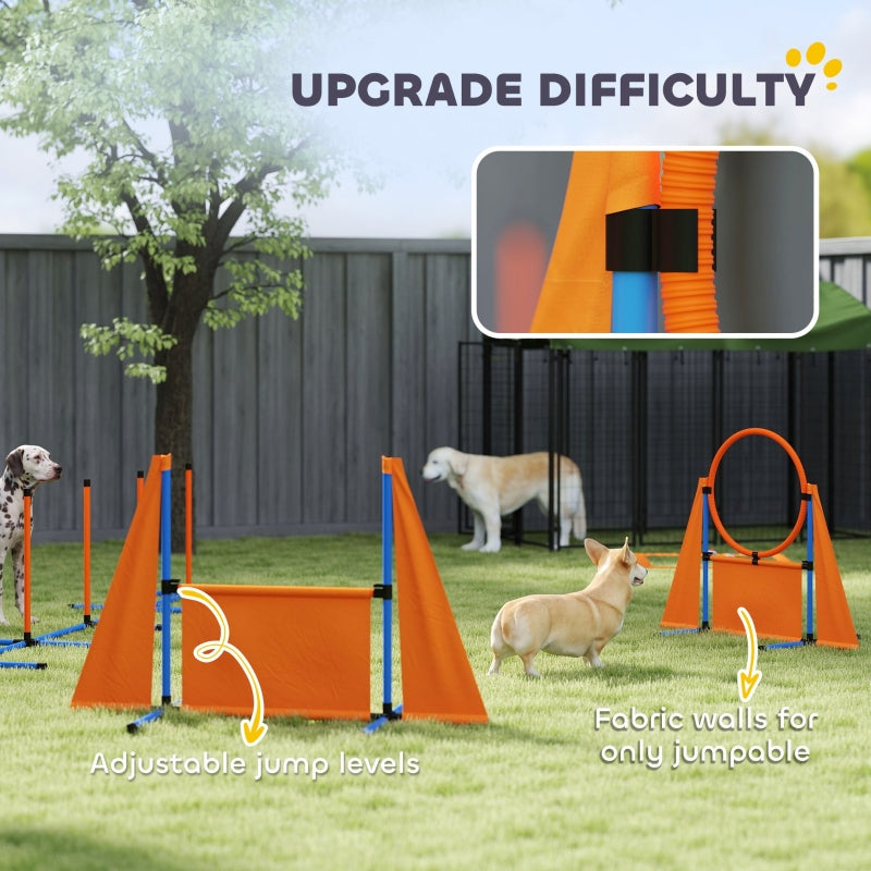 Dog Agility Equipment Set, Seven-Piece with Weave Poles, Jump Ring, Hurdle, Pause Box, Carry Bag, Orange