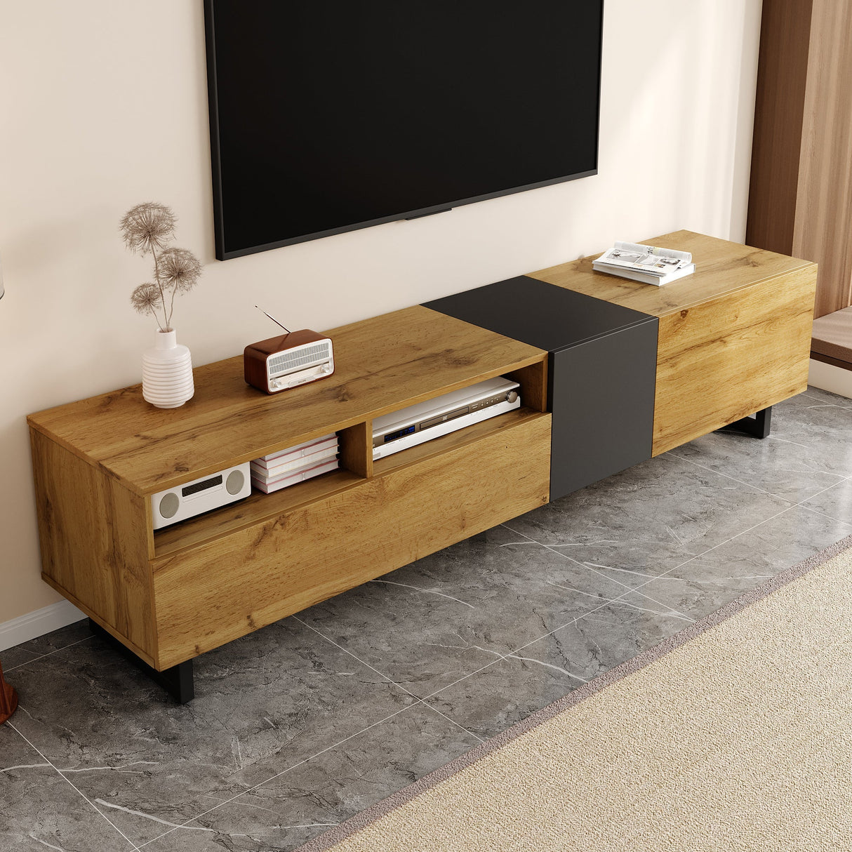 Colorblock TV Cabinet, Three Doors Two Compartments U-Shaped Legs, Retro Wood Grain