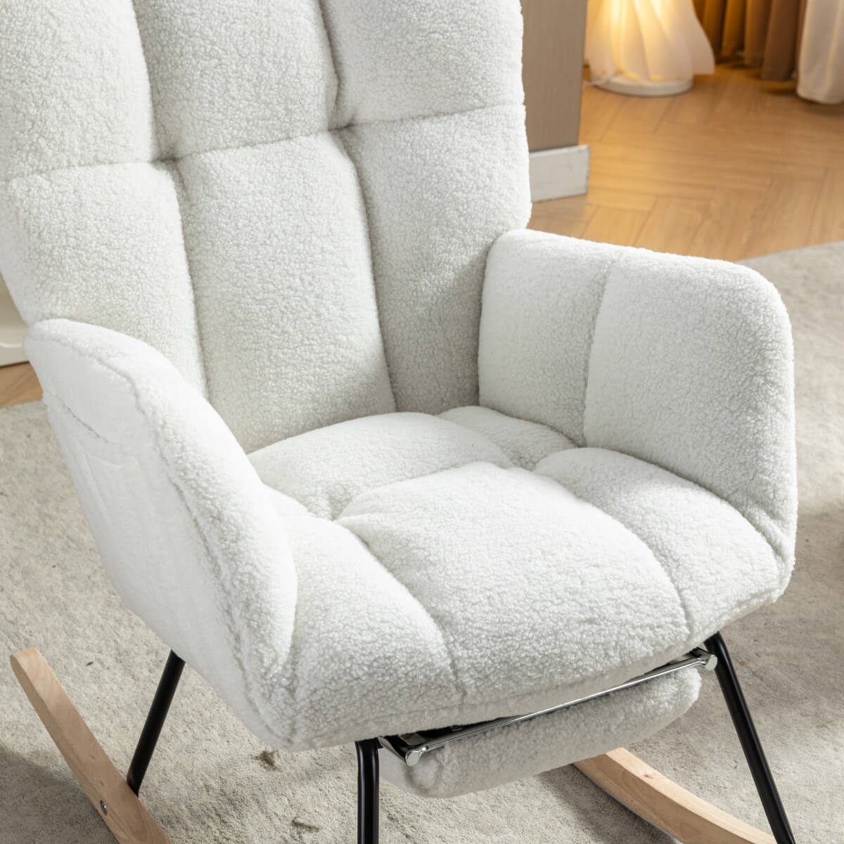 Teddy Fabric Rocking Chair with Pull Out Footrest - Tufted Upholstered Armchair, White