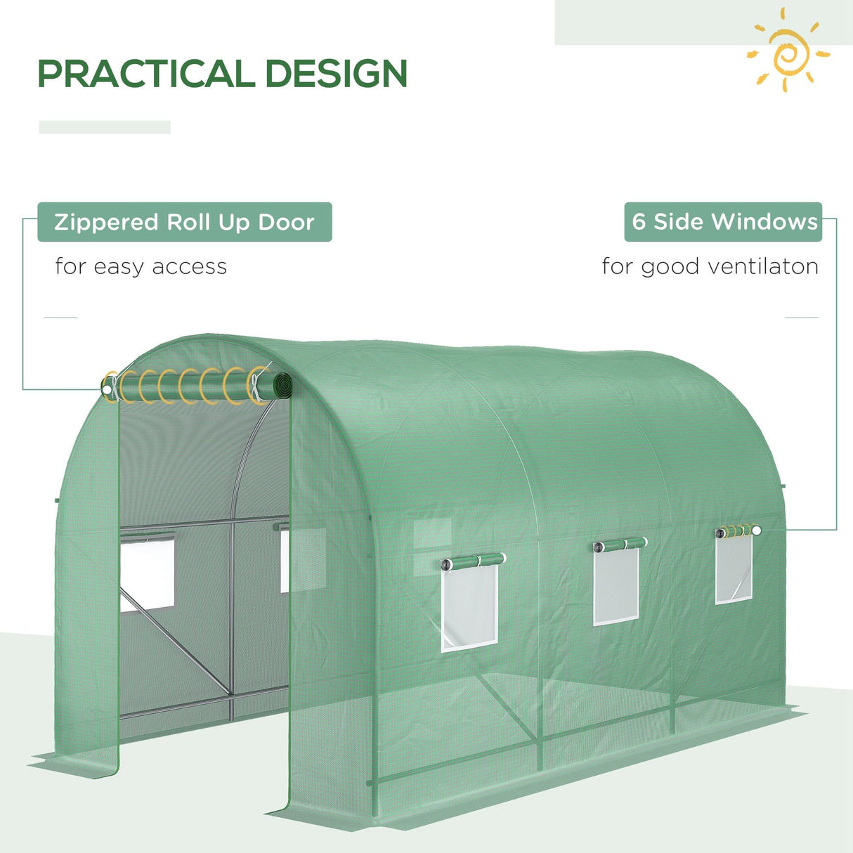 Walk-In Polytunnel Greenhouse, 3.5 x 2m Steel Frame, PE Cover, Roll-Up Door and 6 Windows, Green