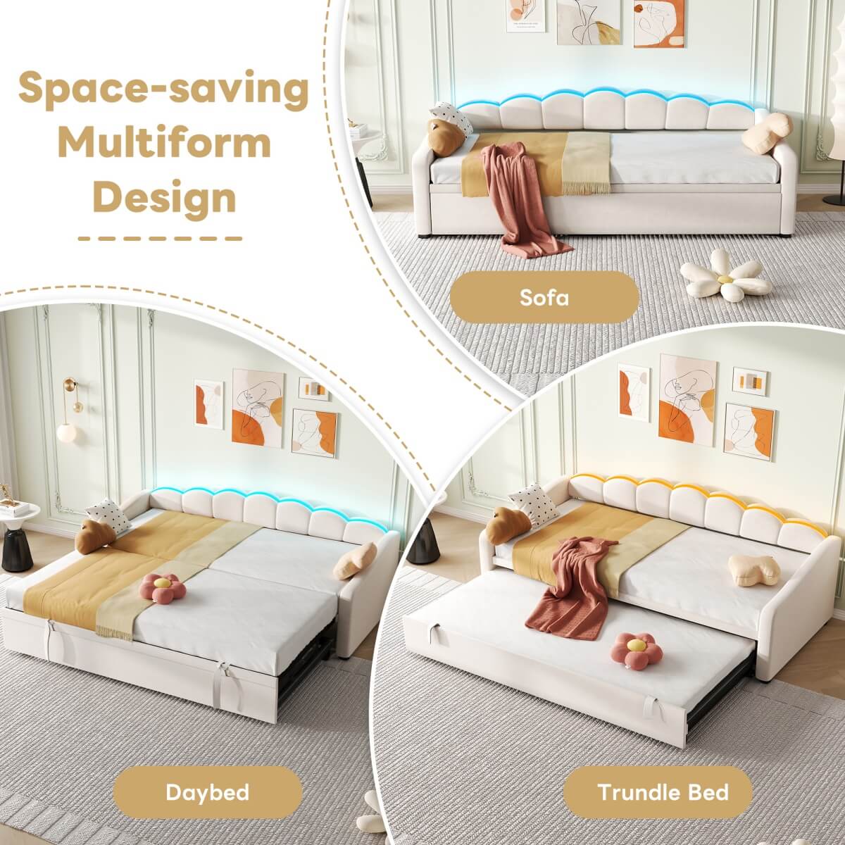 3ft Velvet Daybed with Trundle - Upholstered Sofa Bed with RGB LED Lights, Beige