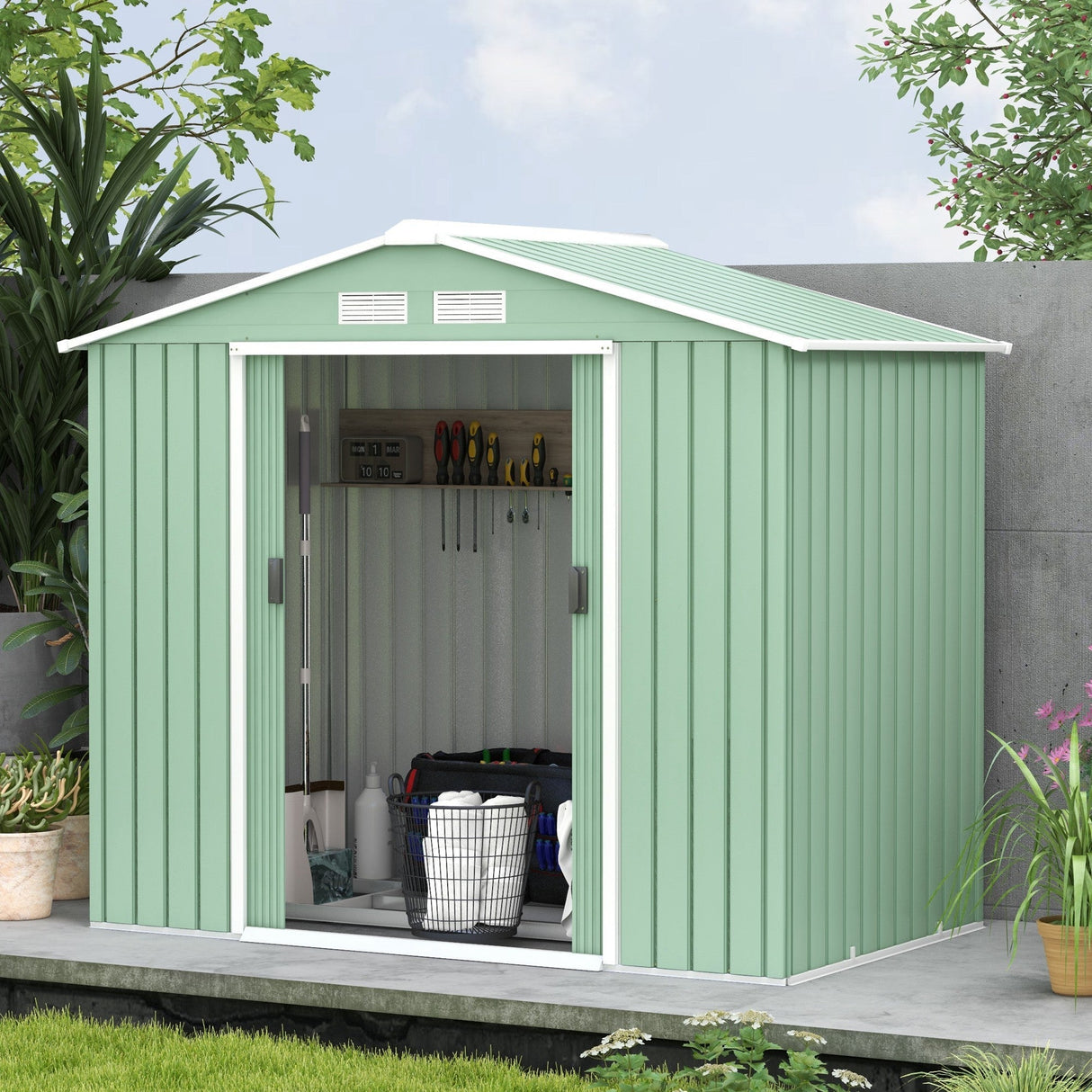 Metal Garden Shed 7 x 4ft, Outdoor Storage Tool House with Ventilation Slots, Foundation Kit and Lockable Double Doors, Light Green