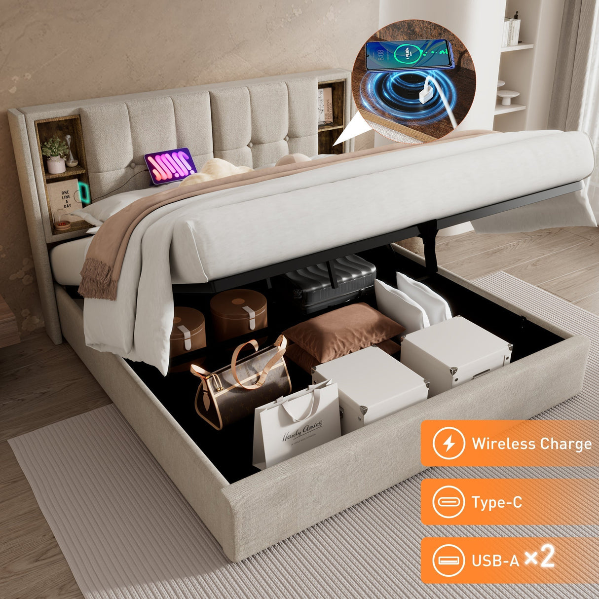 Upholstered Double Bed with Wireless Charging, Hydraulic Storage, 4FT6 Bed Frame, Linen Fabric, Natural