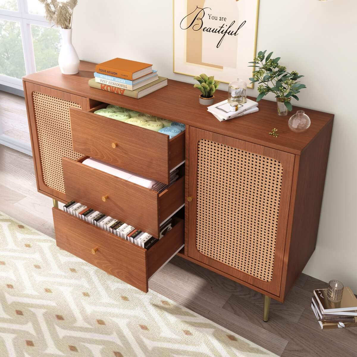 Rattan Sideboard Cabinet – Walnut Storage Unit with 2 Doors and 3 Drawers