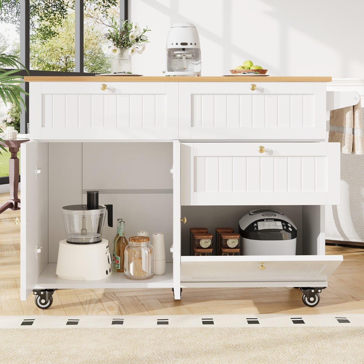 Kitchen Island, Rolling Mobile with Drawer and Storage Cabinet, Drop Leaf, Breakfast Bar, Towel Rack, White