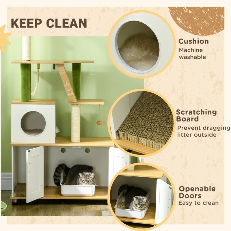 2-in-1 Hidden Cat Litter Box, with House, Ladder, Scratching Posts, Platforms, Oak