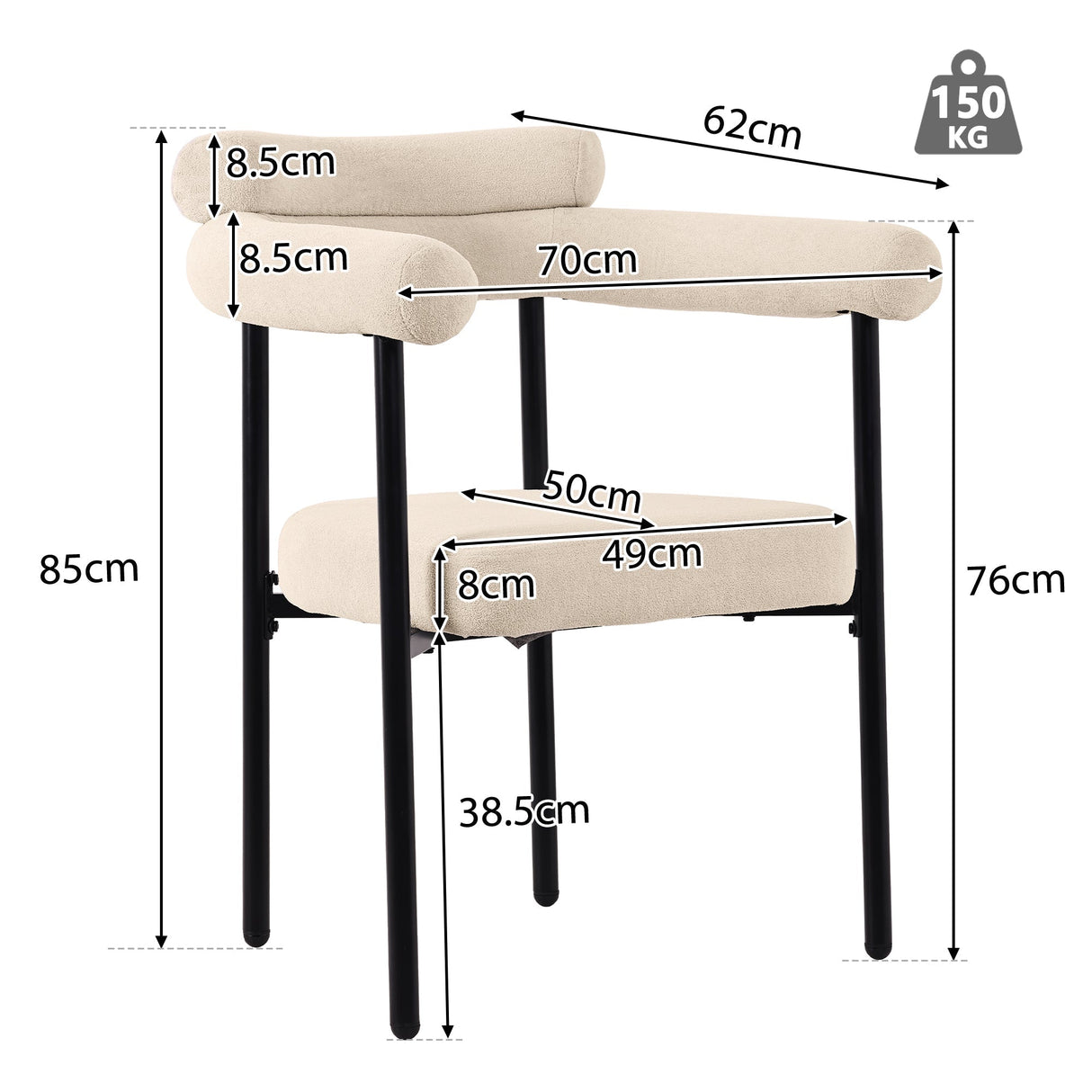 Modern Dining Chairs, Upholstered Armchairs with Metal Legs, Set of 6, Cream Faux Suede