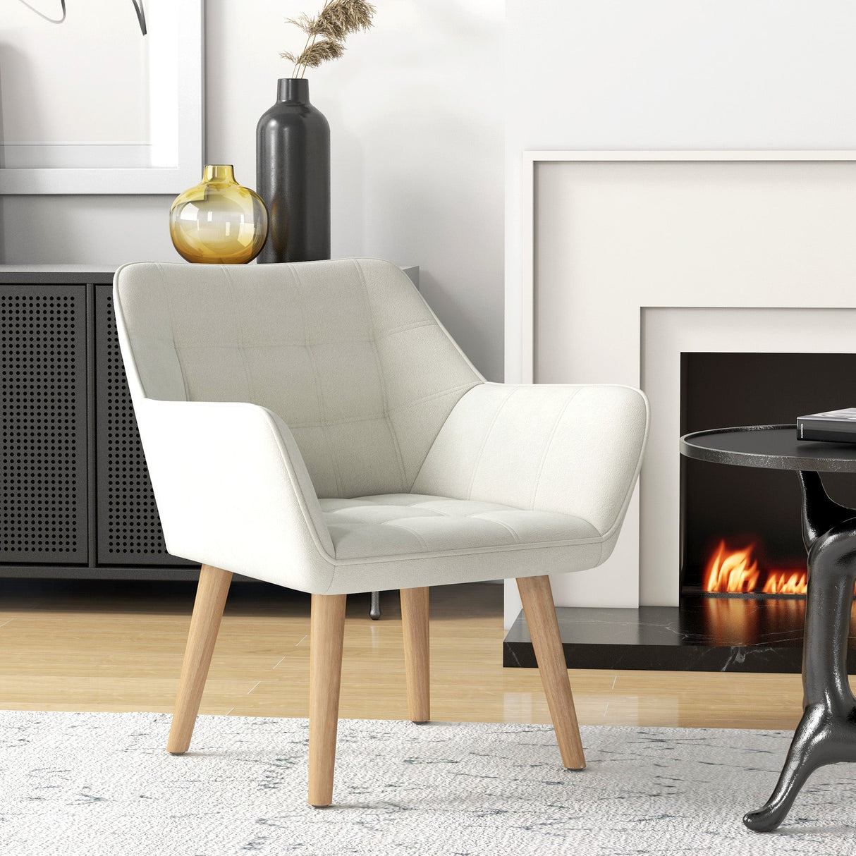 Accent Chair with Wide Arms, Slanted Back, Thick Padding, Rubber Wooden Legs, Cream White