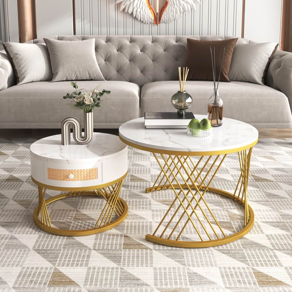 2-in-1 Round Coffee Table – Marble Effect Top, Rattan Drawers, Gold Iron Legs