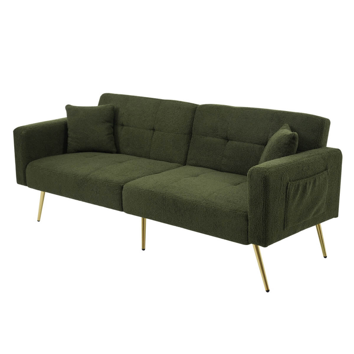 Convertible Sofa Bed with Adjustable Backrest - Modern Recliner Sofa with Gold Legs and Storage Pockets, Green
