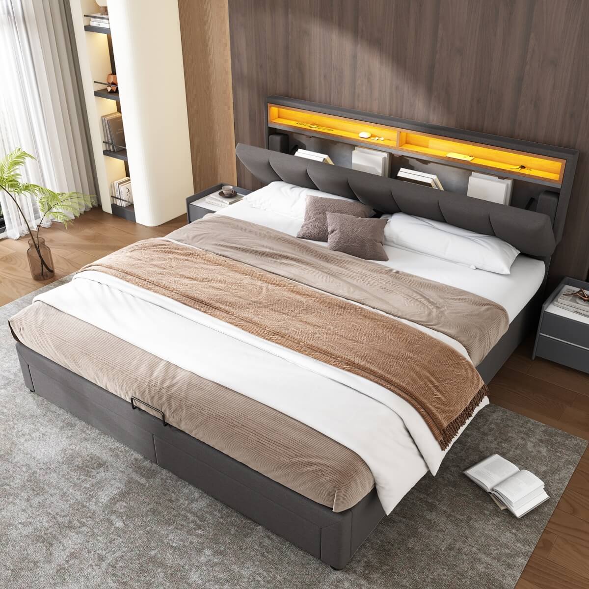 5ft King Upholstered Storage Bed with LED Lights – Hydraulic Bed with Drawers, Bed Box and Stowable Headboard