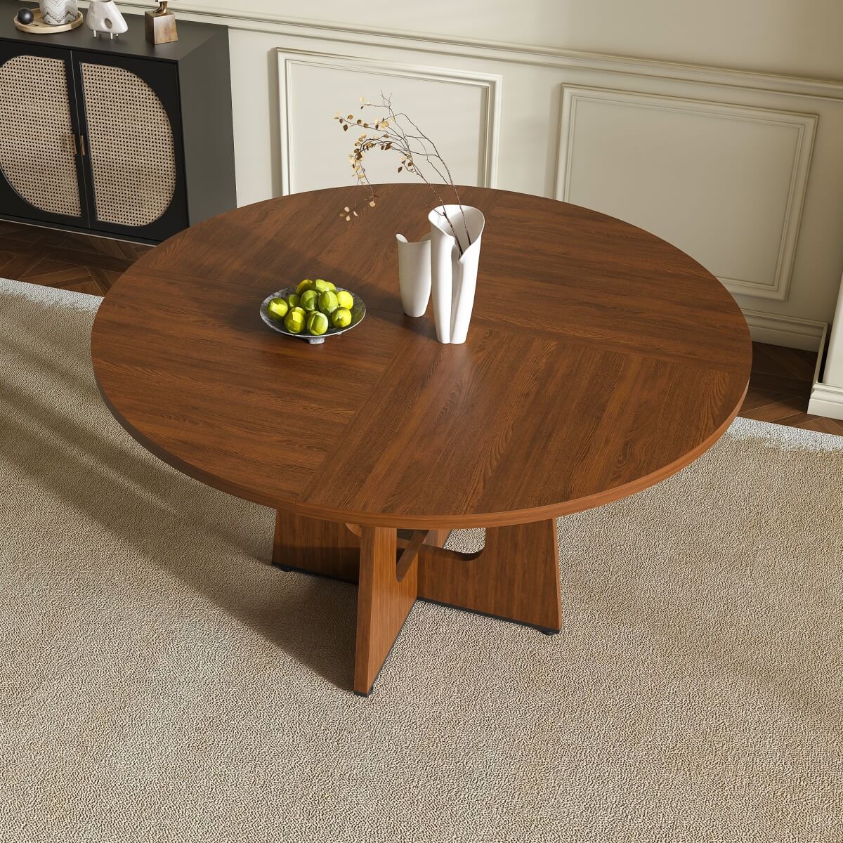 Round Dining Table for 4 - 47 Inch Farmhouse Kitchen Table with Wood Grain Finish, Circular Dining Table for Dining Room & Kitchen, Walnut
