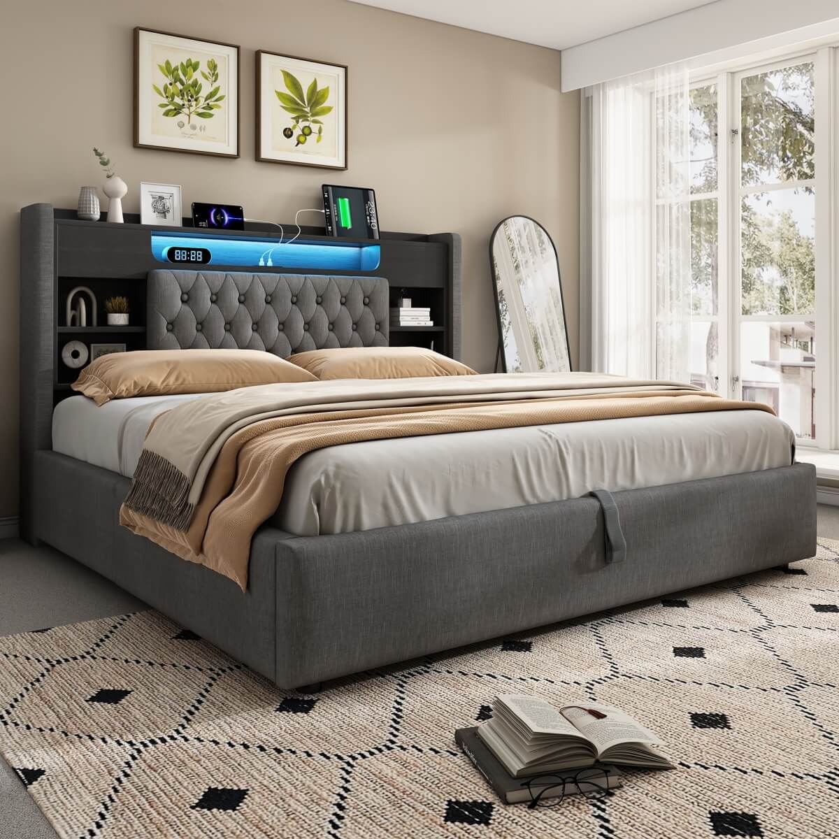 5ft King Size Upholstered Storage Bed with Hydraulic Lift - LED Lighting & Charging Station, Linen, Grey