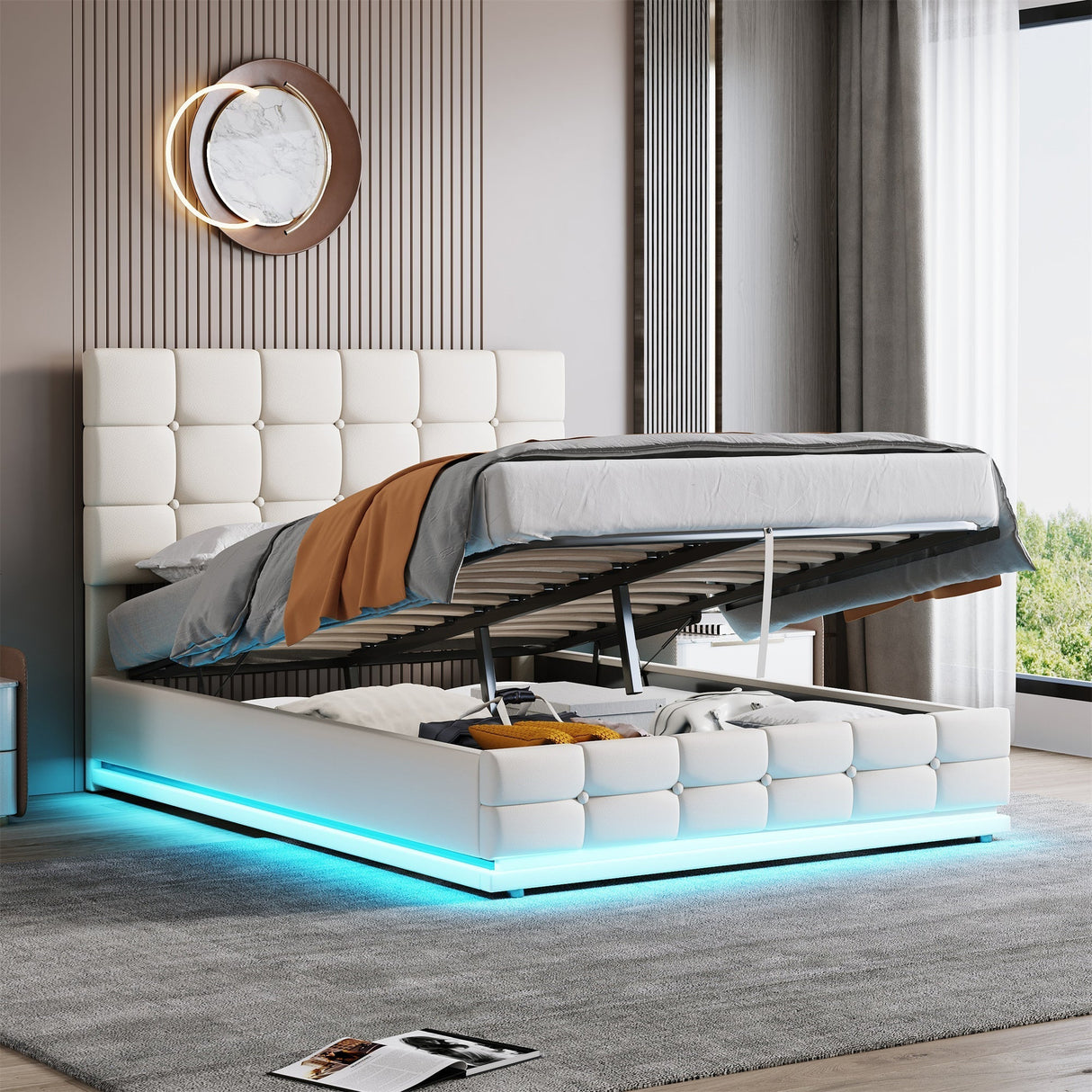 Ottoman Double Bed with LED Lighting, Hydraulic Storage, Adjustable Button Tufted Headboard, Cream White PU Leather (No Mattress)