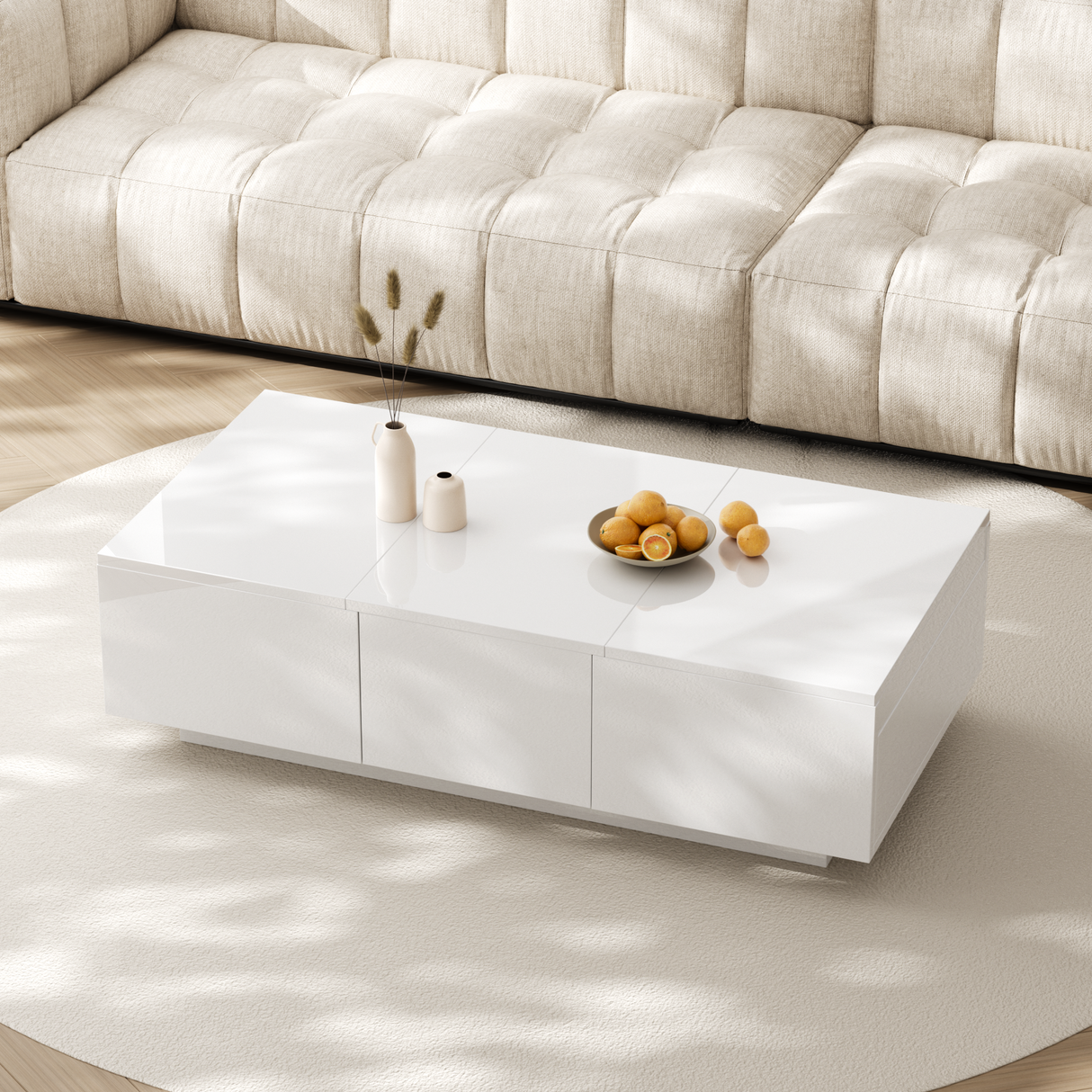 Coffee Table, High-Gloss Living Room with Push-Pull Storage, White