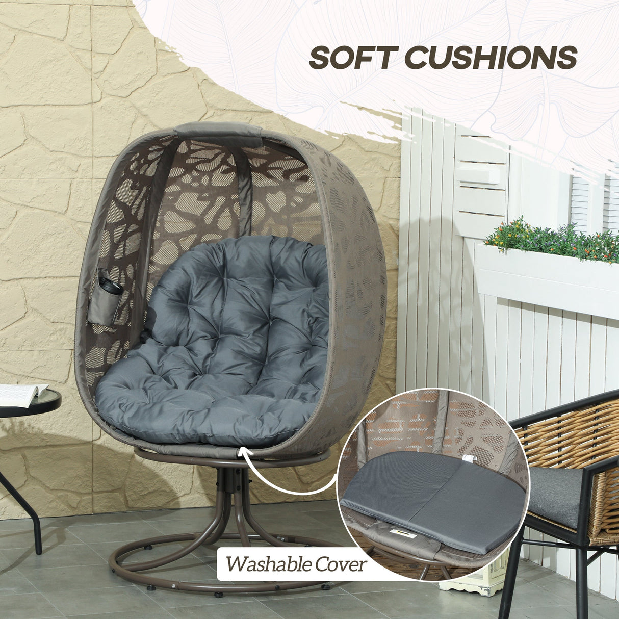 Swivel Egg Chair, Cushions Foldable Basket Metal Frame, Grey