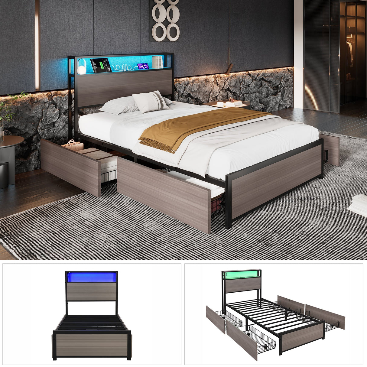 Metal Bed 3FT Single with LED Light Strip, 4 Drawers, USB & Type C, Grey Wrought Iron
