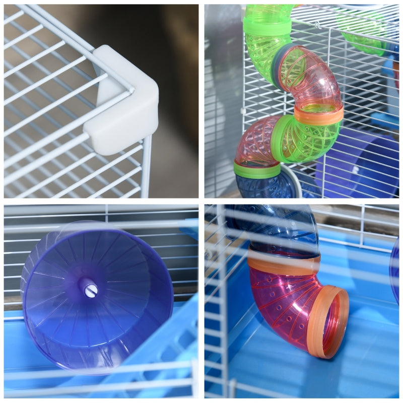 Hamster Cage, 2 Tier Gerbil Cage with Handle, Exercise Wheels, Tunnel, Tube, Water Bottle, Dishes, Ladder, Blue