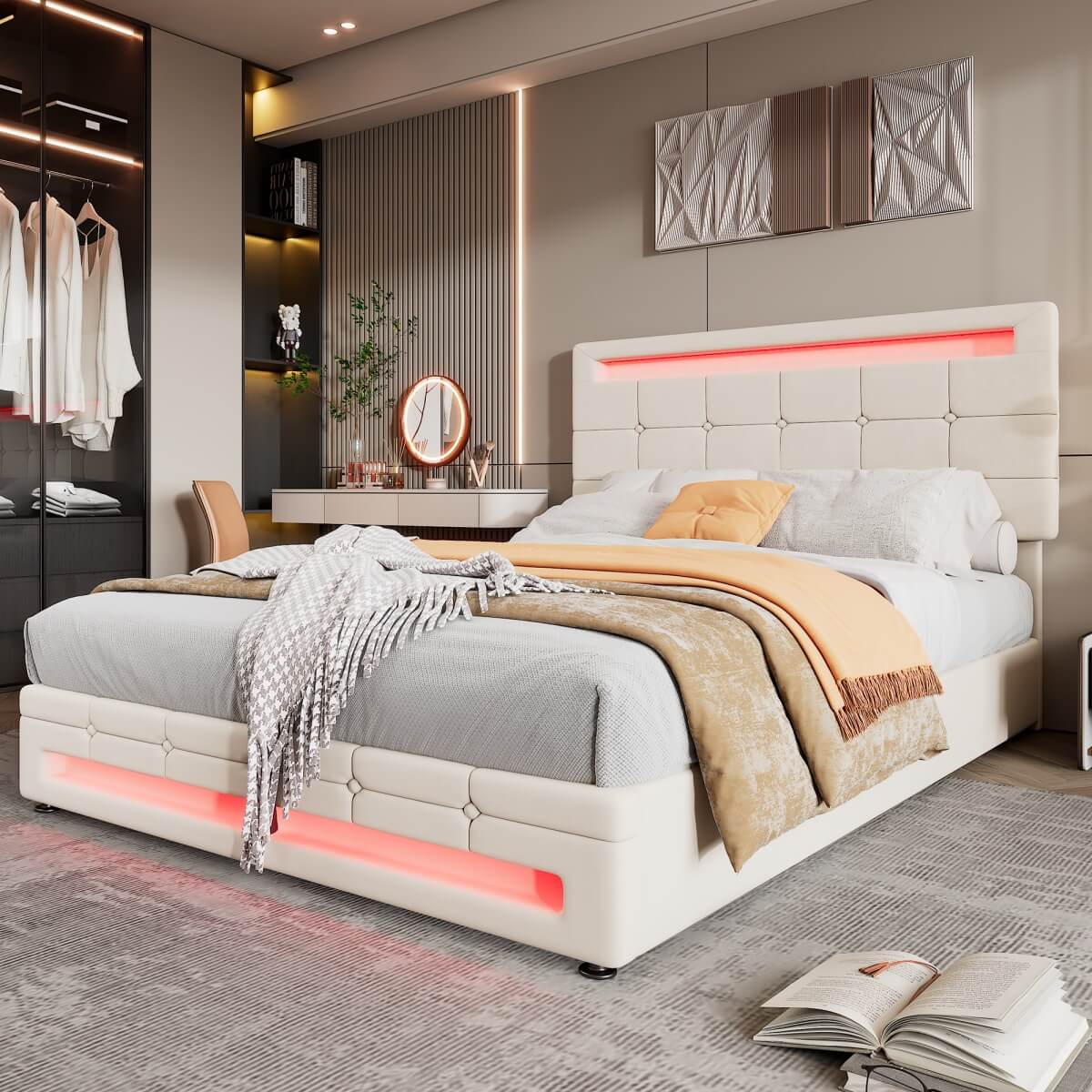4ft6 Double Velvet Hydraulic Storage Bed with LED Lights - Upholstered Bed Frame, Beige