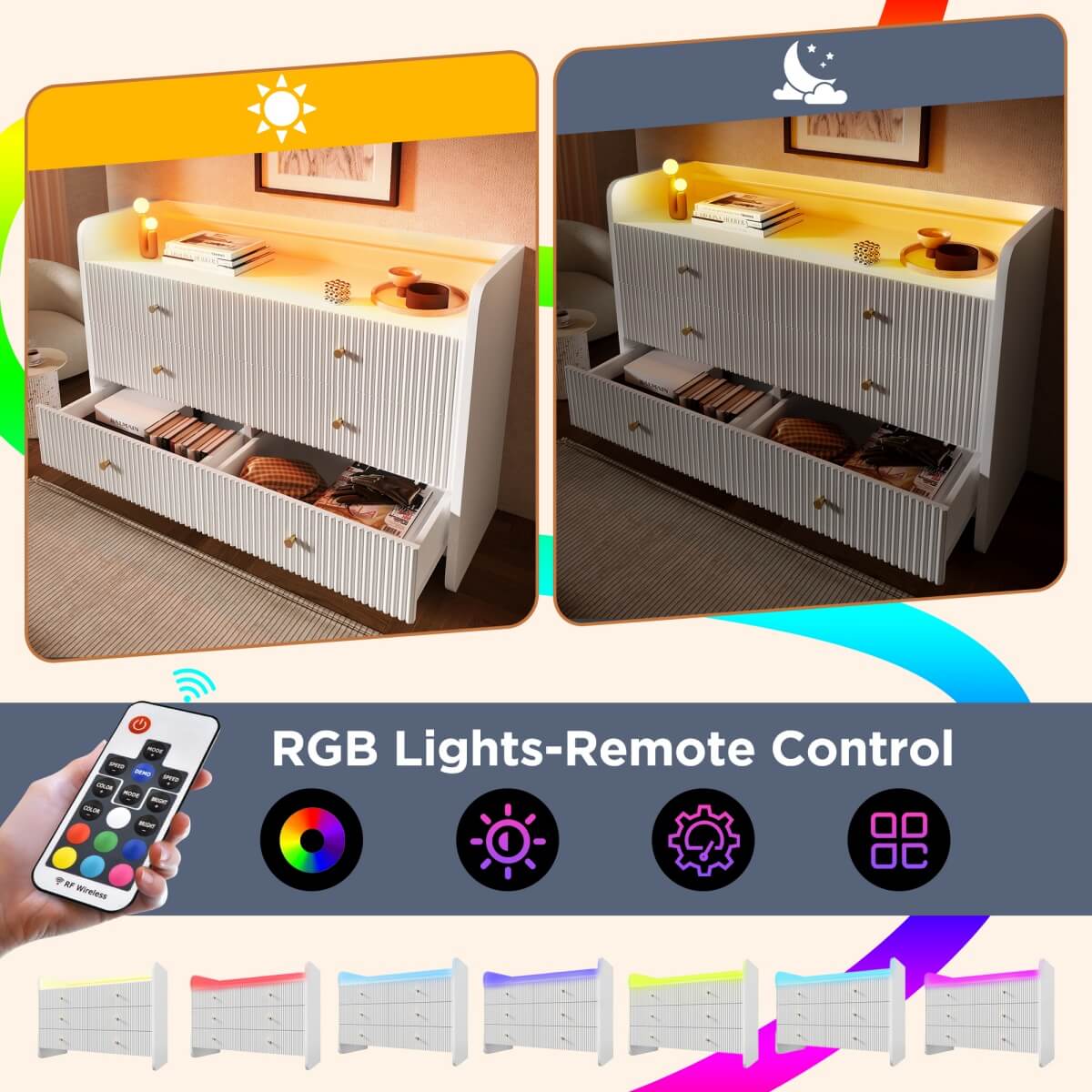 6-Drawer Fluted Sideboard with LED Lighting – Modern Storage Cabinet for Living Room, Bedroom or Dining Room