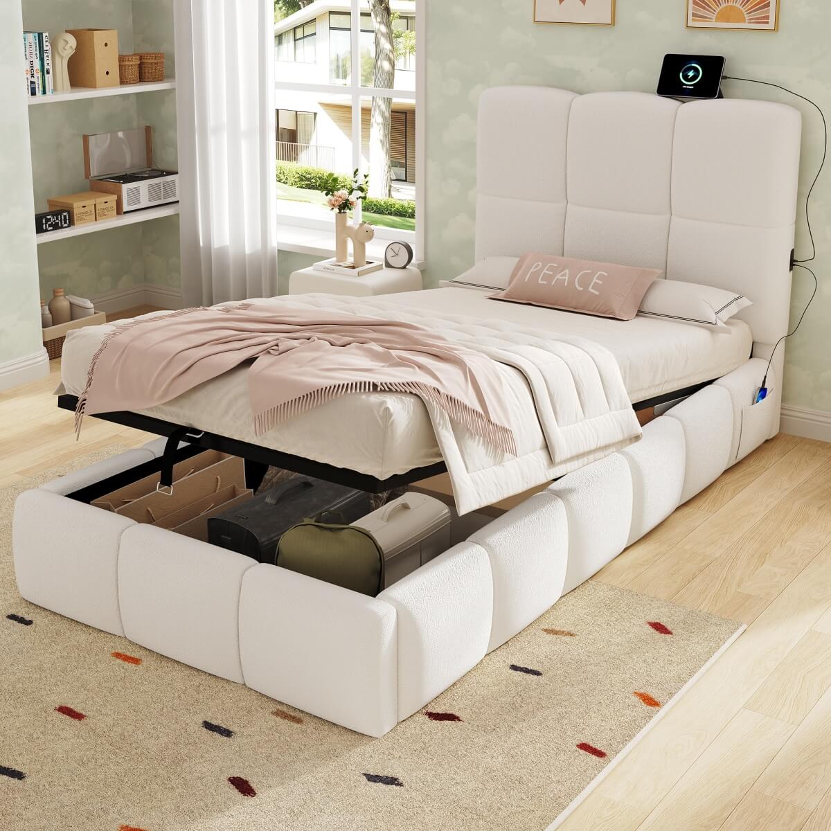 3ft Bouclé Upholstered Storage Bed - Single Hydraulic Bed with Headboard, Beige