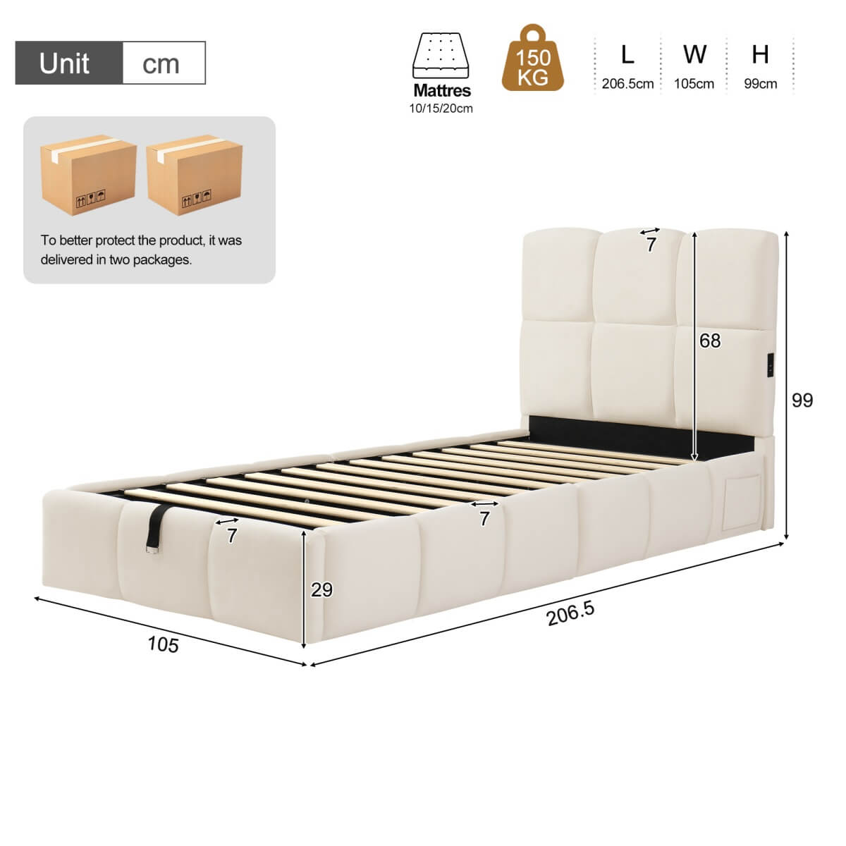 3ft Velvet Upholstered Storage Bed - Single Hydraulic Bed with Headboard, Beige