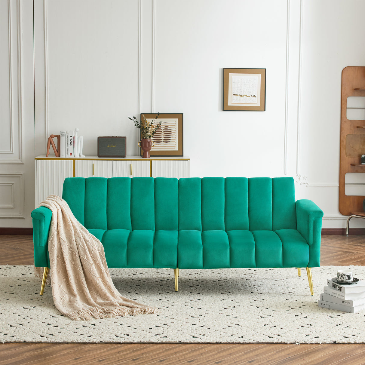 Modern Adjustable Velvet Sofa Bed with MultiPosition Backrest & Armrests, Metal Legs, Convertible Sleeper Function, Ideal for Living Room, Bedroom, Home Theater & Guest Room, Green, Video Included