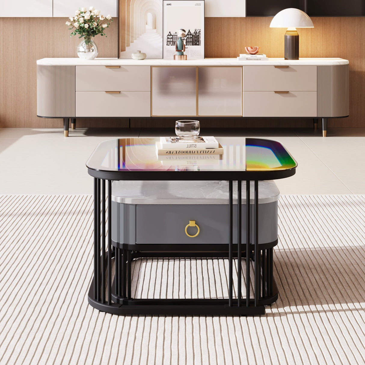 Nestable Coffee Table: High-Gloss Marble Exterior, Glass Tabletop, Black Table Legs, Side Table with Drawer (Set of 2)