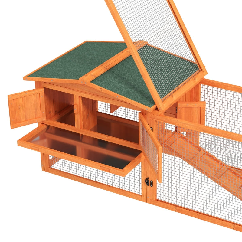 Rabbit Hutch with Run Outdoor Bunny Cage with Sliding Tray, Hay Rack, Ramp, Wooden Orange