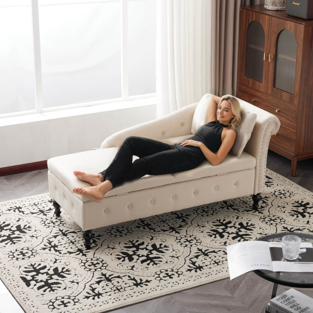 Velvet Chaise Lounge Sofa with Storage – Modern Upholstered Couch, Button-Tufted, Living Room