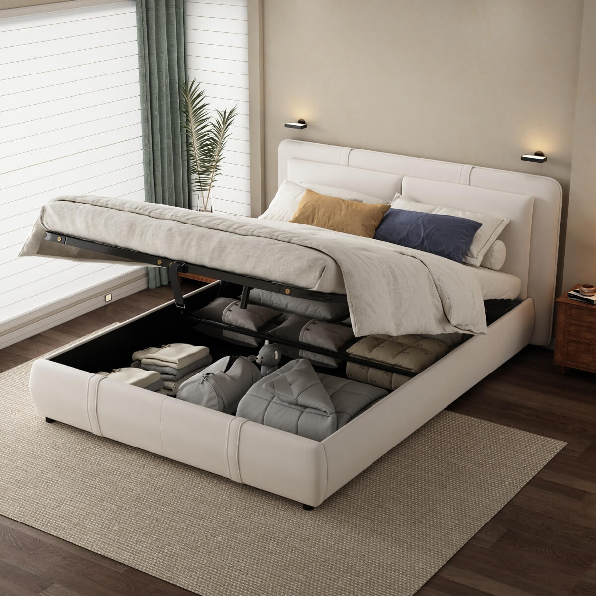4ft6 Double Upholstered Storage Bed - Hydraulic Lift, Velvet Bed Frame with Removable Headboard, Beige