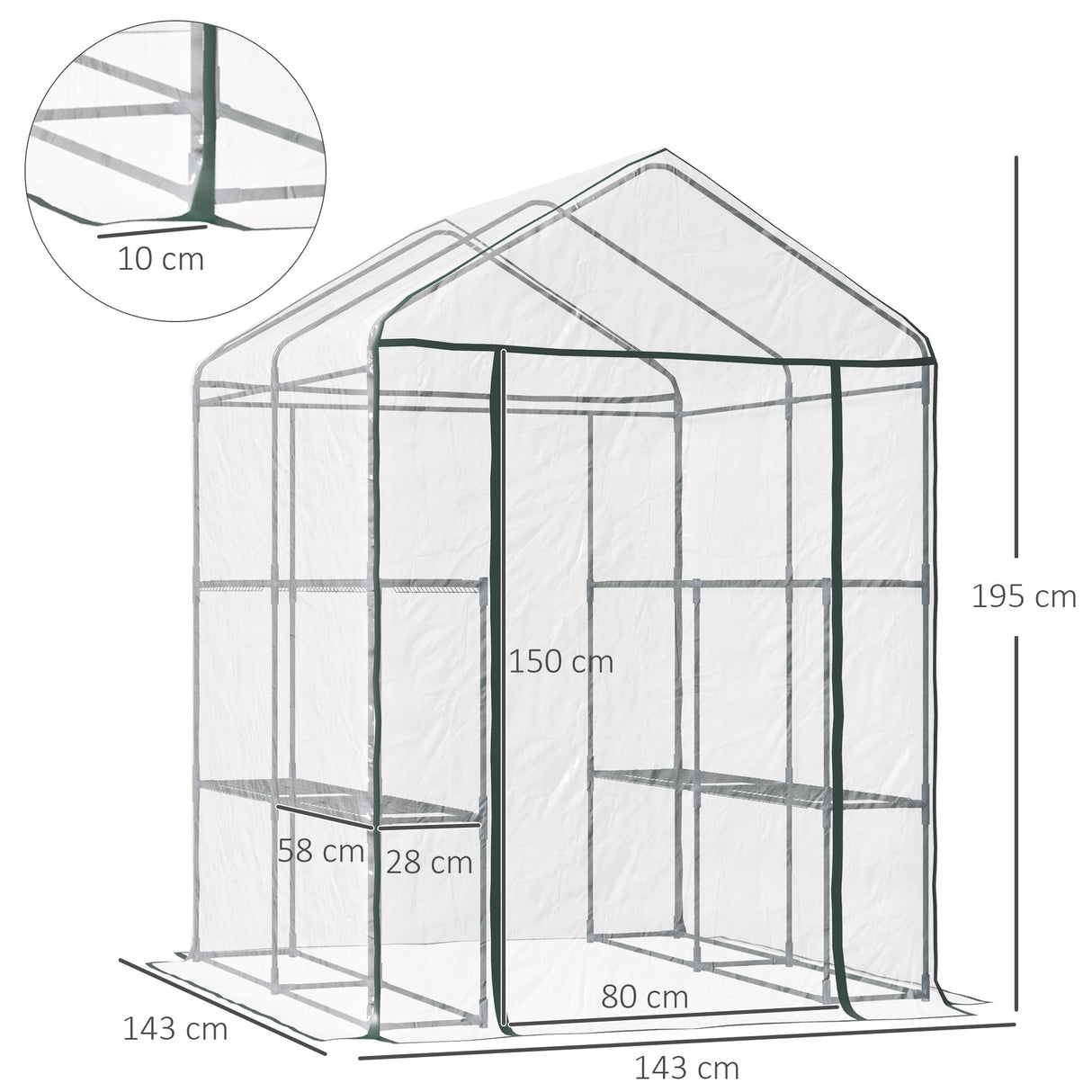 Walk in Greenhouse, 3-Tier 8 Shelves Roll-up Zipped Door, Steel Frame