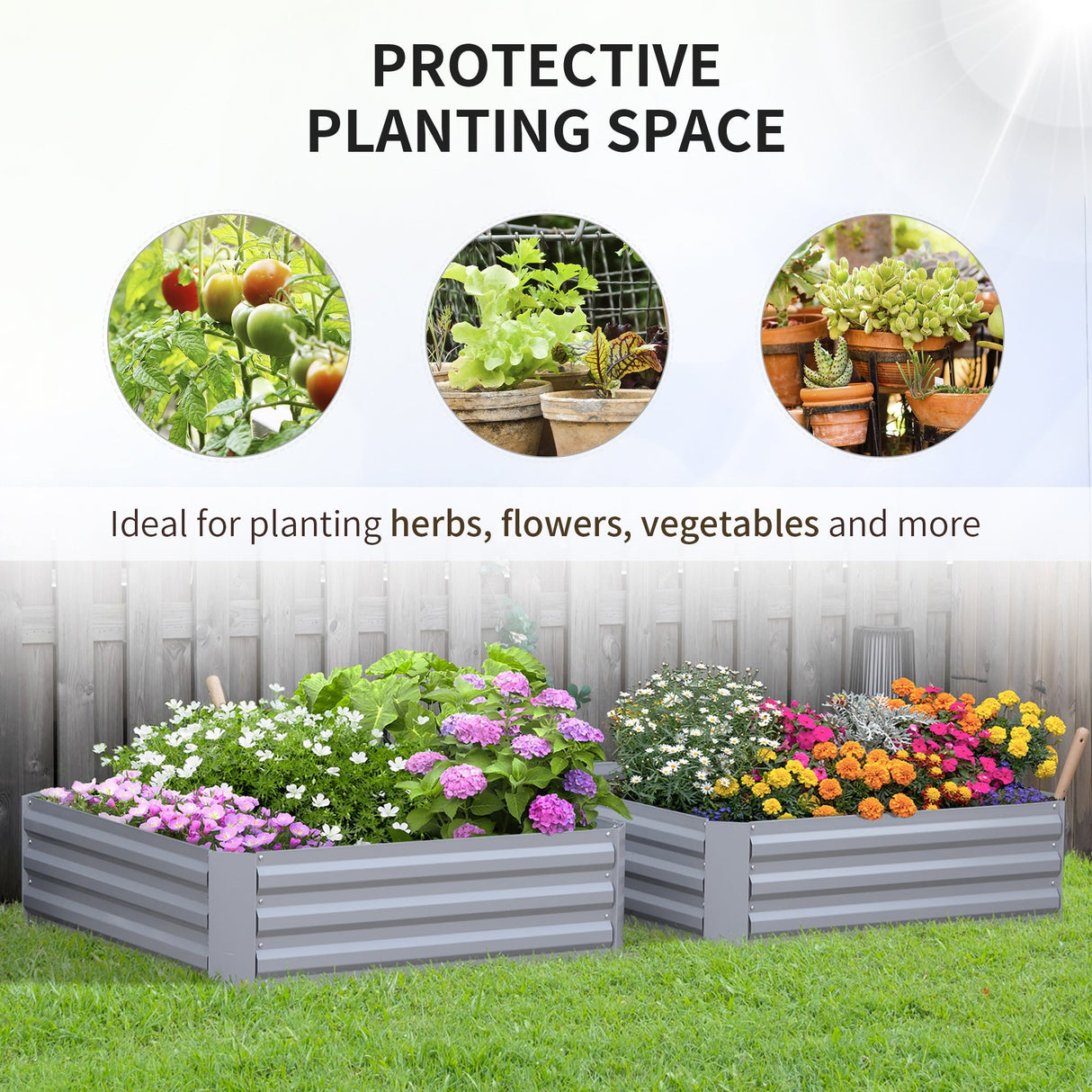 Raised Garden Bed, Elevated Galvanised Planter Box for Flowers, Herbs, Set of 2, Grey