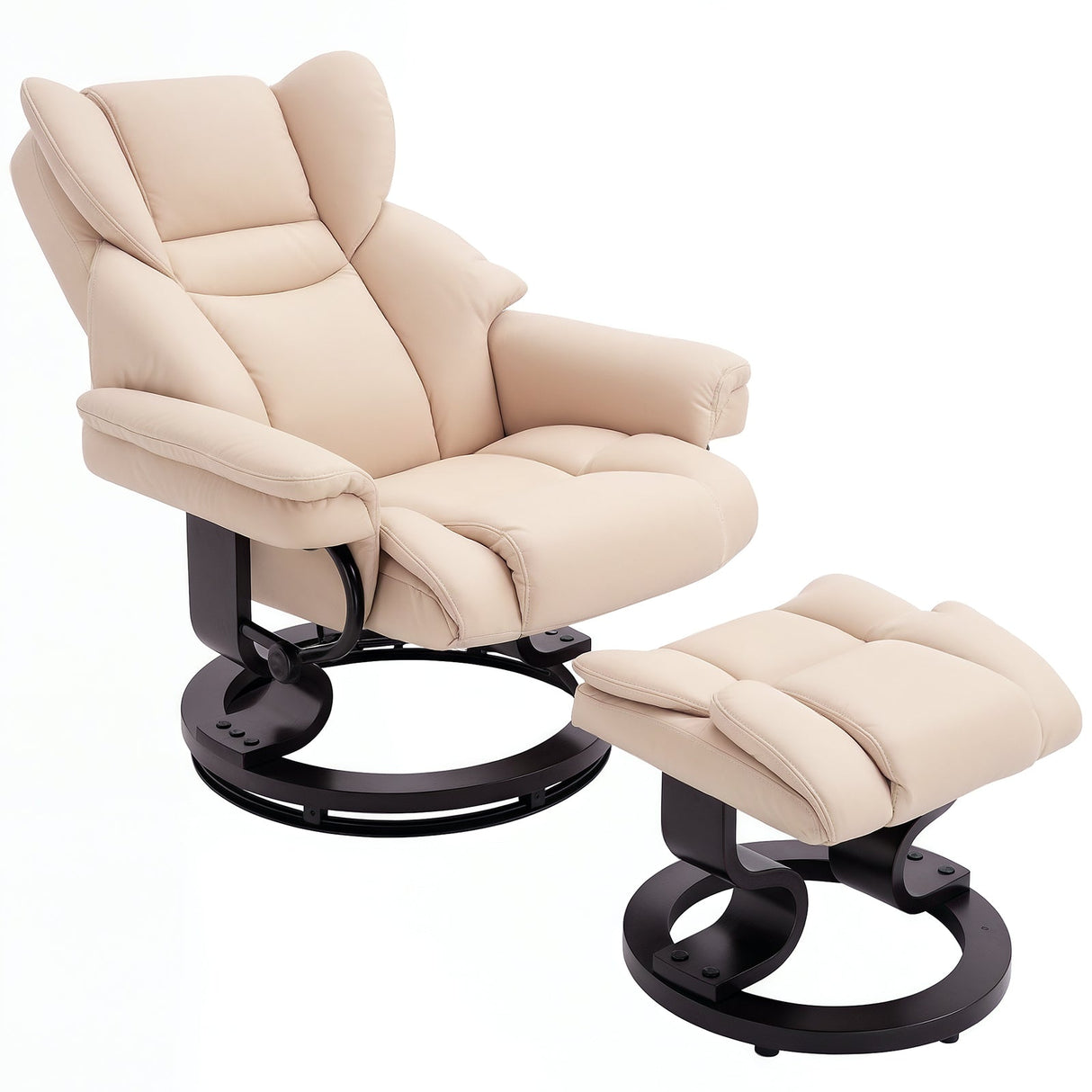 360?? Swivel Recliner Chair with Footstool, PU Leather Manual Reclining Armchair, Cream