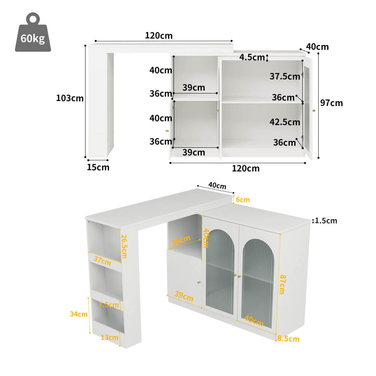 360° Rotating Kitchen Bar Cabinet - Modern White Storage Unit with Glass Door