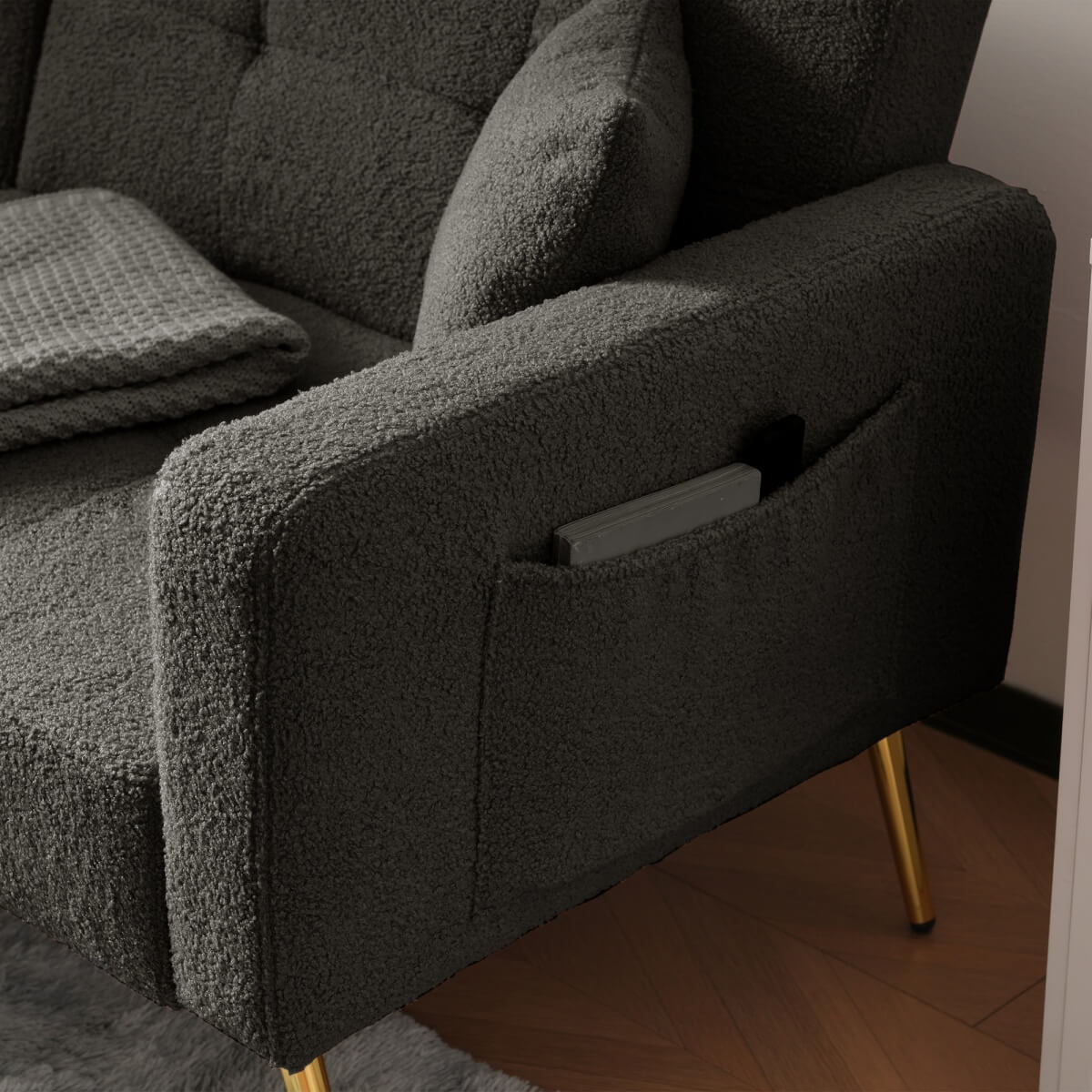 Modern Convertible Sofa Bed - Adjustable Recliner with Gold Legs and Side Storage Pockets, Dark Gray