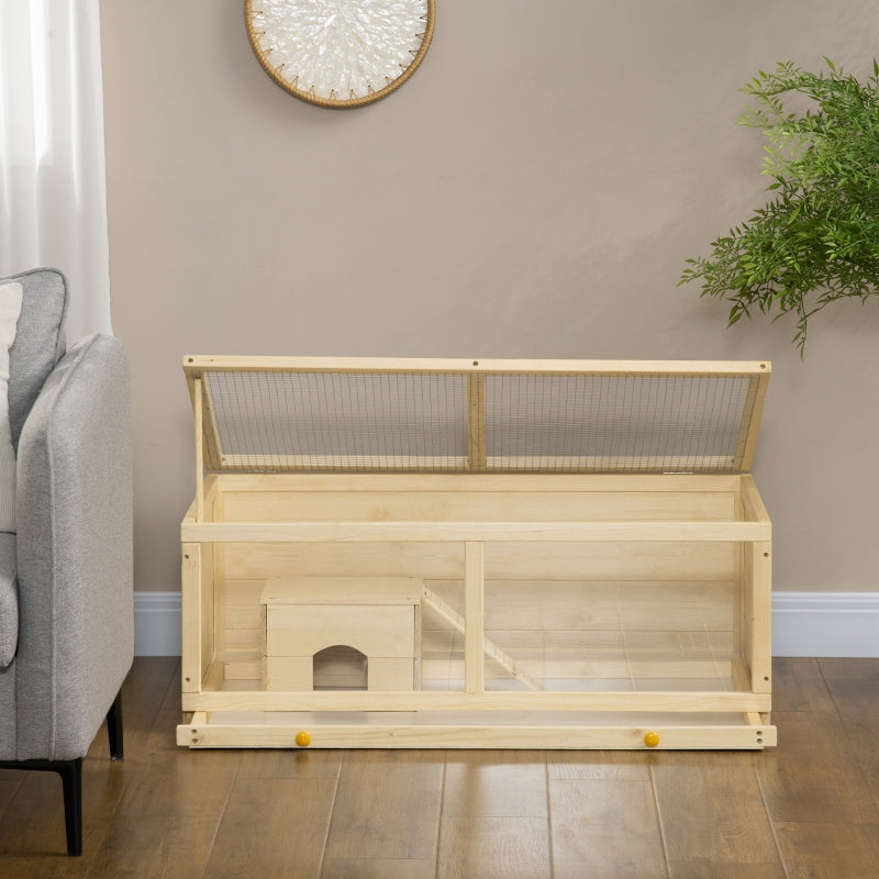 Wooden Hamster Cage with Sliding Tray, Openable Top, Hut, Natural Wood