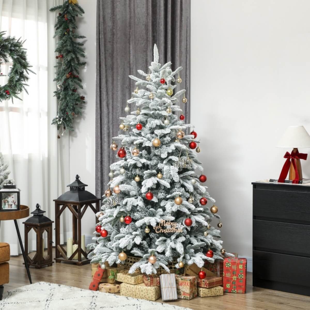 6FT Artificial Flocked Christmas Tree - Full PVC Branches, Hinged Design, Foldable Metal Stand, Easy Assembly