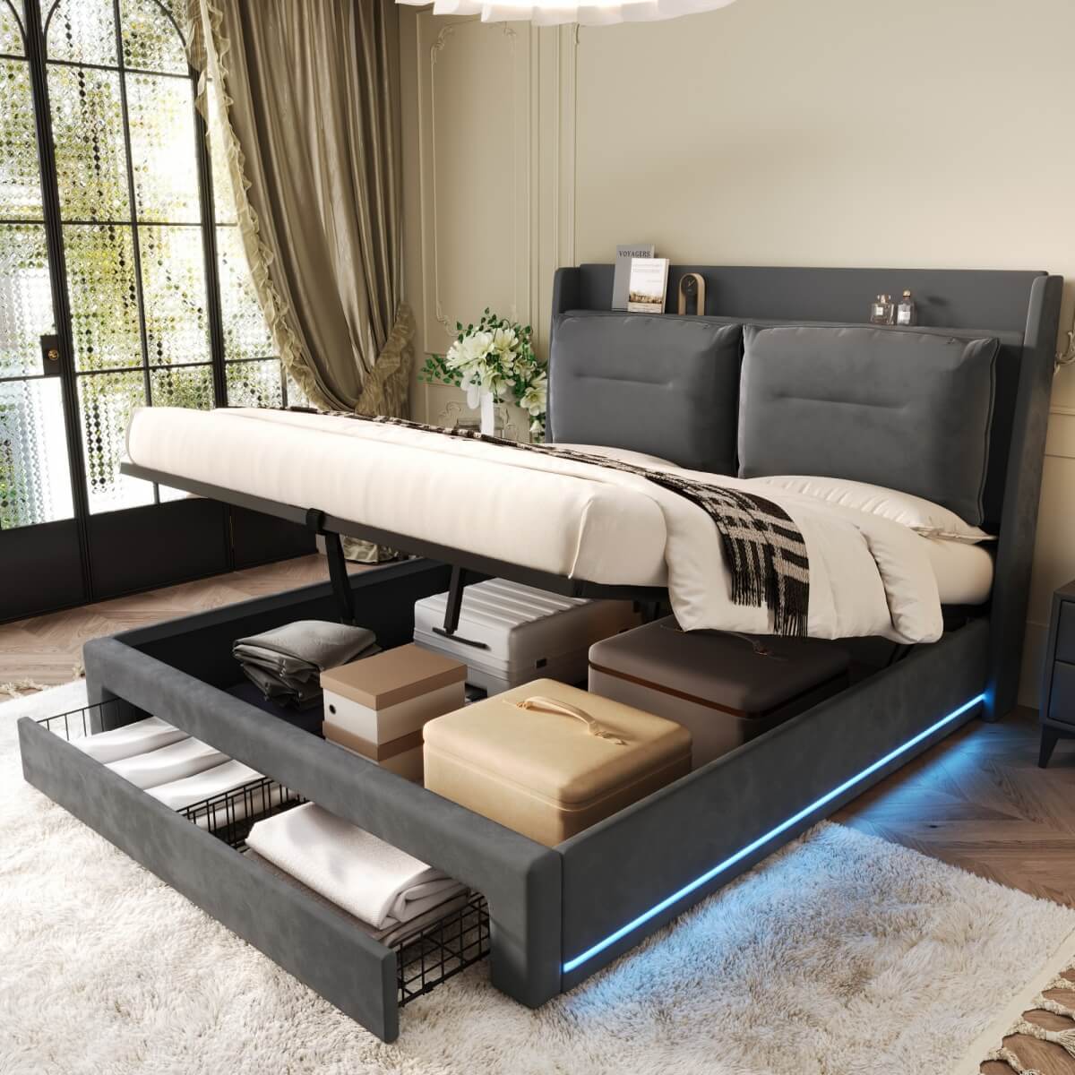 4ft6 Double Upholstered Storage Bed – Velvet Hydraulic Bed with End Drawers, Recessed LED Light Strips & Slatted Frame