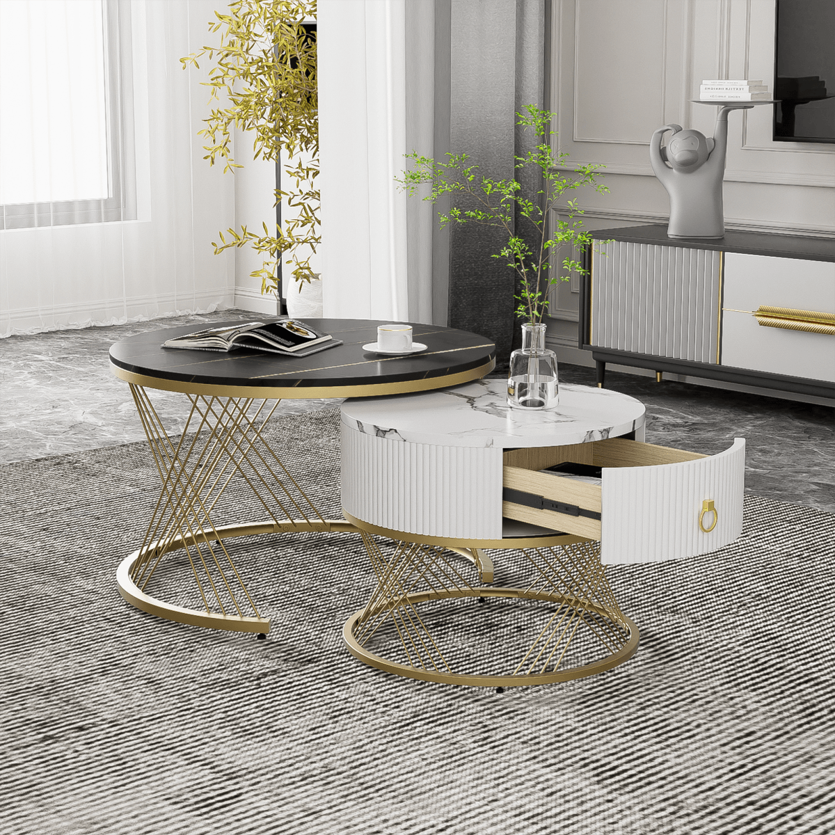 Nesting Coffee Table Set of 2 with Drawers - Marble Effect Tables with Gold Frame