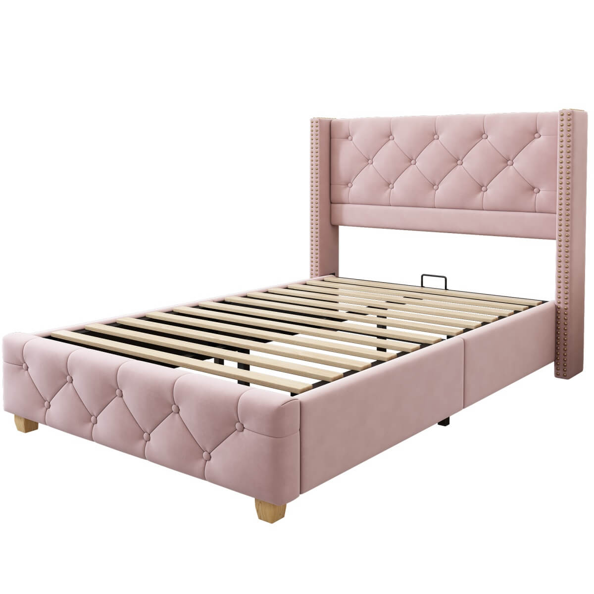 3ft Single Velvet Bed Frame - Upholstered Bed with Button & Stud Headboard, Wooden Legs, Pink